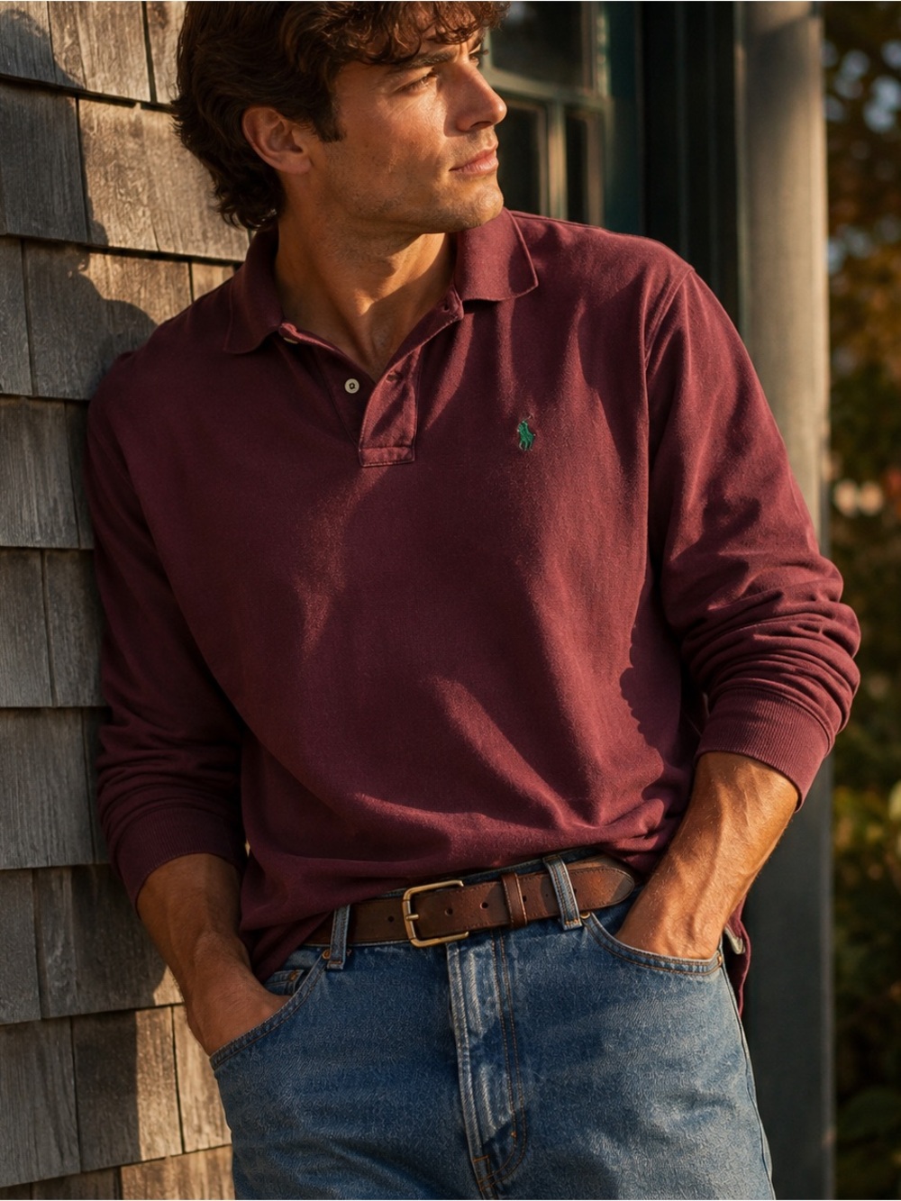 Vintage Polo Ralph Lauren Long Sleeve Polo Shirt Large Burgundy Green Pony